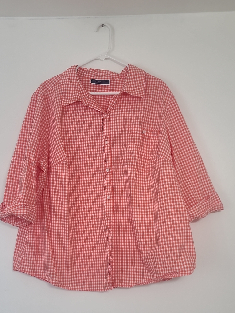Button-Front Gingham Blouse, Coral and White